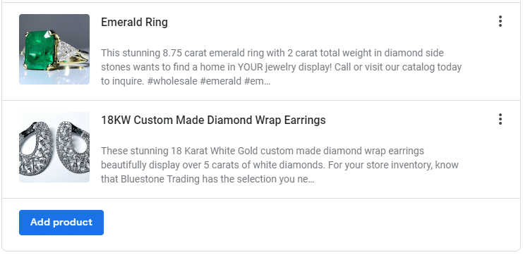 Google Products page, with listings for an Emerald ring, and 18 KW Custom Made Diamond Wrap Earrings, and a blue button below titled "Add Product" 
