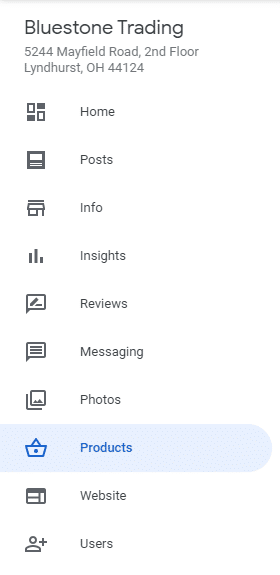 Google My Business Console Menu, with the tab "Products" highlighted 