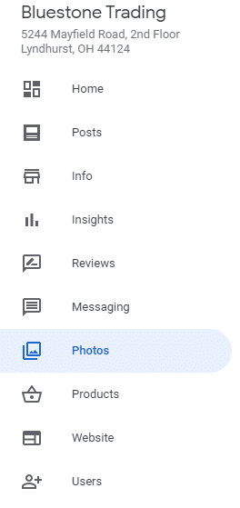 Google My Business Console Menu, with the tab "Photos" highlighted