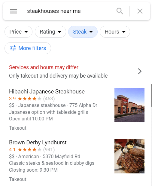 Google Business Listings for S"Steakhouses Near Me" 