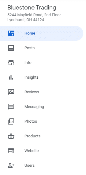 Bluestone Trading Google my business menu with the home tab highlighted 
