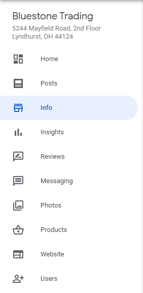 Bluestone Trading Google My Business Menu, with the Info tab highlighted