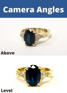 Two photos of a gold and sapphire ring, One photo taken from above and one taken facing the center stone. Using camera angles is our second jewelry photography tip. 