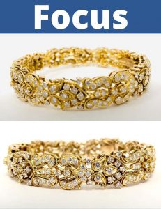 two photos of a gold bracelet, one out of focus and blurry, and one in focus. Focusing your camera is our first jewelry photography tip. 