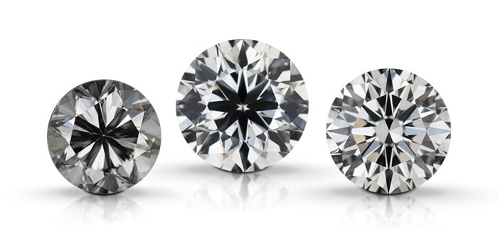 Three diamonds used to compare the face-up appearance effected by the cut of a diamond