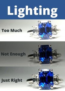 Lighting, our final jewelry photography tip, greatly effects the results you will have. In this photo we have highlighted how too much an too little lighting can change the color of gemstones. 